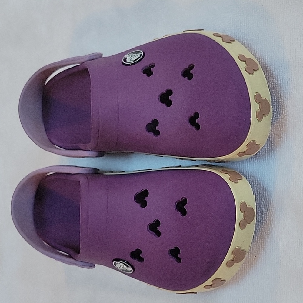 Children's Disney Mickey purple and white crocs, size 12/13.